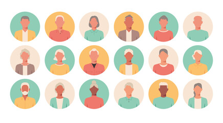 People portraits of older men and women, senior men and women faceless avatars in round isolated icon set, vector flat illustration