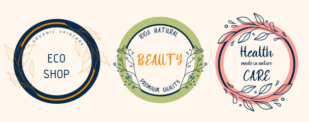 Set of floral botanical logos. Perfect for beauty and care, eco-friendly, and organic brands. Organic-themed frames.