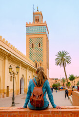 WOman travel in Marrakech,  Koutoubia mosque,  Morocco - obrazy, fototapety, plakaty
