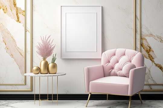 Illustration of a mock-up poster with a marble wall as the background, an armchair, and a table in the inside. Generative AI