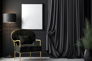Curtains, armchair, blank poster, and décor in black. mockup. Generative AI