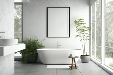 Obraz na płótnie Canvas Modern bathrooms have white bathtubs, concrete flooring, white tile walls, and vertical poster frames. mockup. Generative AI
