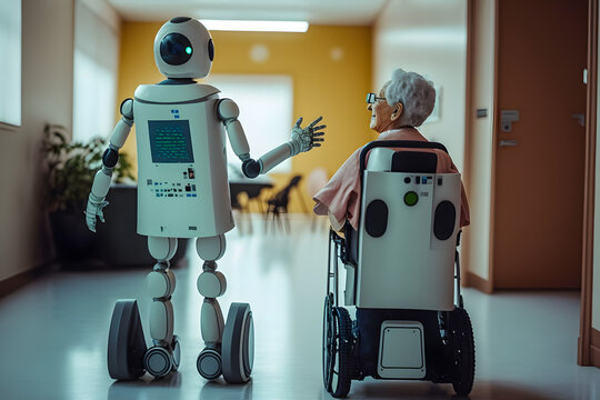 Elderly Care Robot In the Intelligent Hospital, Concept, Artificial Intelligence, Consultancy Services and Health Care with Future Robots. Generative AI