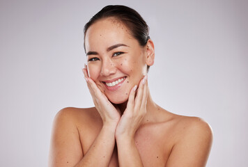 Skincare, hands on face and portrait of woman in studio for beauty, dermatology and skin cosmetics....