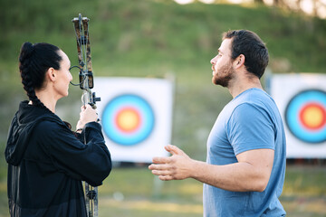 Sports, archery coach or bow and arrow learning for archer competition, athlete challenge or girl...