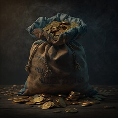 Open sacks filled with gold coins. Generative AI