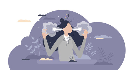 Angry woman with temper character and furious emotions tiny person concept, transparent background. Annoyed female with steam smoke from ears and negative frustration pose illustration.