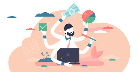 Fototapeta na wymiar Busy entrepreneur illustration, transparent background. Multitasking process flat tiny persons concept. Professional time and workload management skill. Business lifestyle under pressure.