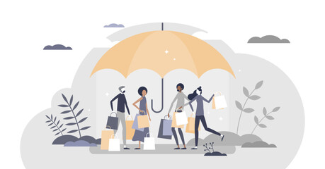 Consumer rights as legal protection and law regulation tiny person concept, transparent background.Customers defense from unfair sellers illustration.