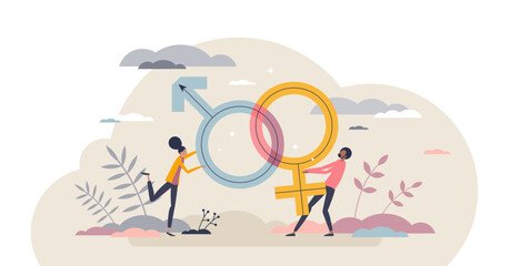 Gender roles and male of female action expectation tiny person concept, transparent background.Sex role as social behaviors and attitudes based on woman or man stereotypes illustration.