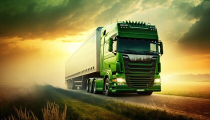 Green Transport Truck Driving through Blurred Meadow at Sunrise - American Transportation Concept. Generative ai illustration - obrazy, fototapety, plakaty