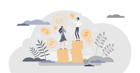 Inequality as financial gender injustice and wage gap tiny persons concept, transparent background. Economical discrimination with uneven salary for same work illustration.