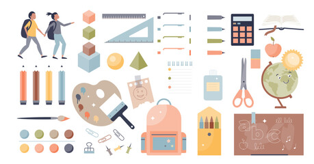 School supplies and stationary items for learning tiny person collection set, transparent background. Kids schoolbag contents with pen, pencils, water colors, scissors, ruler.