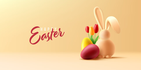 Easter poster with 3d render illustration of coloured eggs, easter bunny and tulips flower on orange background