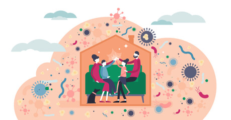 Obraz na płótnie Canvas Stay home illustration, transparent background. Family inside house tiny persons concept. Corona virus Covid-19 transmission risk prevention by not going outside.