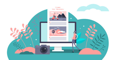 Naklejka premium Travel blog illustration, transparent background.Flat tiny adventure notes person concept.Vacation, journey, trip or holidays memories sharing in social web platform scene.