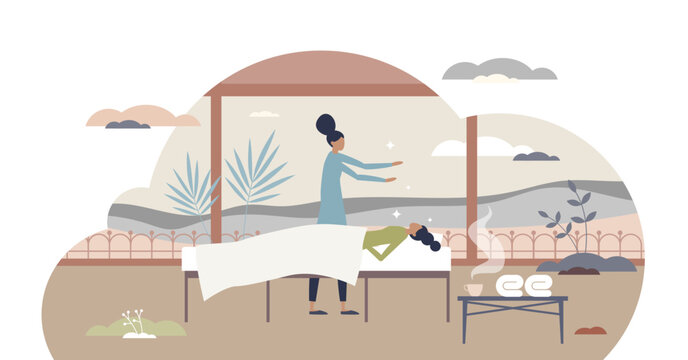 Reiki treatment as energy ritual practice for recovery tiny person concept, transparent background. Technique method for alternative medicine after disease or illness illustration.