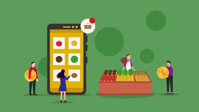 Fresh and healthy fruit and veg market stalls 2d animation in 4K UHD 3840x2160
