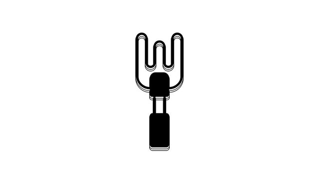 Black Garden rake icon isolated on white background. Tool for horticulture, agriculture, farming. Ground cultivator. Housekeeping equipment. 4K Video motion graphic animation
