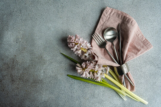 Spring table setting with hyacinth