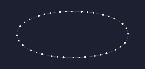 Obraz premium Fairy lights geometric oval border frame. White string garland with text space isolated on dark background. Christmas tree, New Year party decorations template with transparency.