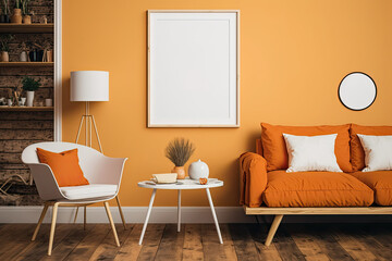 mock-up poster frame in orange living room, minimalism, and illustration. Generative AI