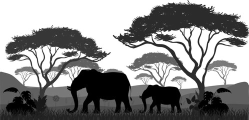 silhouette elephants in the savannah forest scene