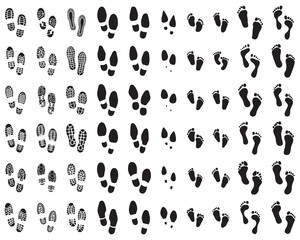 Black prints of shoes and human feet on a white background	