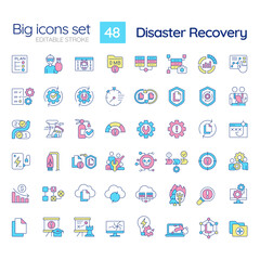 Disaster recovery RGB color icons set. Maintain infrastructure. Data loss prevention. Protect computer system. Isolated vector illustrations. Simple filled line drawings collection. Editable stroke