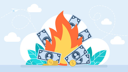 Money burn. Burning money. Paper banknotes are burning in the fire. Bankrupt. The inflation dollar bills money on fire. Concept of currency devaluation, property insurance, wealth. Flat illustration