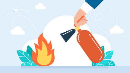 Red metal fire extinguisher. Fireman hold in hand extinguisher. Fire safety equipment. The concept of careful handling of fire. Portable fire-fighting unit on white background. Flat illustration