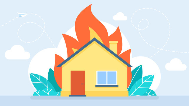 Fire Insurance. Fire in house, burning cottage, flame with long tongues in real estate building residential dwelling. Home insurance. Dangerous accident at home. Illustration. Flat style.