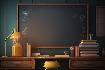 School stationery and a blackboard on a dark background. Back to school creative photo, Generative Ai