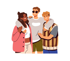 Happy young best friends hugging, standing together, portrait. Smiling diverse men, woman embracing. Friendship relationship, support concept. Flat vector illustration isolated on white background