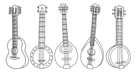 set of doddle guitar. Set of musical instruments. Electric guitar. Line art. Drawing - obrazy, fototapety, plakaty