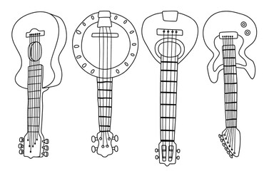 set of doddle guitar. Set of musical instruments. Electric guitar. Line art. Drawing - obrazy, fototapety, plakaty