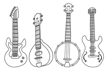 set of doddle guitar. Set of musical instruments. Electric guitar. Line art. Drawing