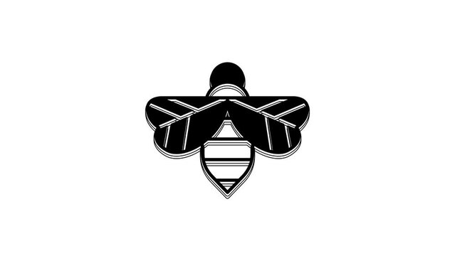Black Bee icon isolated on white background. Sweet natural food. Honeybee or apis with wings symbol. Flying insect. 4K Video motion graphic animation