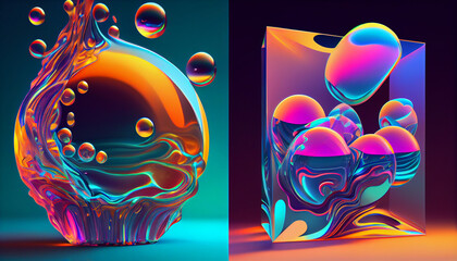 Collage of Abstract Holo Fluidity Objects in Y2K Optic