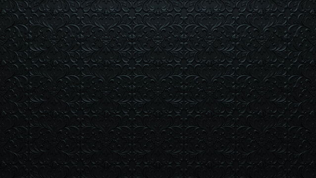 Black 3D Stucco Pattern Background. Intricate Dark Decorative Wallpaper.