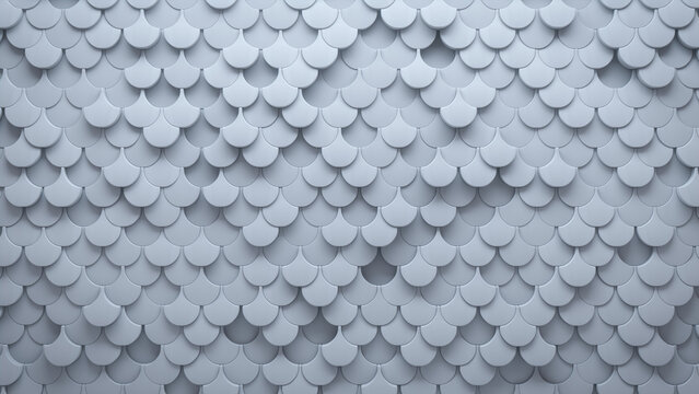 Polished Tiles arranged to create a 3D wall. Futuristic, Fish Scale Background formed from White blocks. 3D Render
