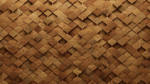Natural, Wood Mosaic Tiles arranged in the shape of a wall. 3D, Soft sheen, Blocks stacked to create a Arabesque block background. 3D Render
