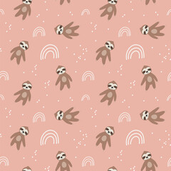 Cute bear seamless pattern. sloth with rainbows. Kawaii cartoon character. Baby greeting card template. Notebook cover, tshirt.