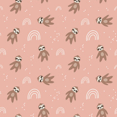 Cute bear seamless pattern. sloth with rainbows. Kawaii cartoon character. Baby greeting card template. Notebook cover, tshirt.