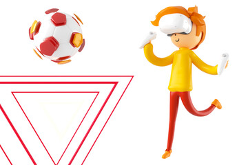 3d boy cartoon character in action. 3d illustrator. sport activity. exercise fitness pose. workout training lifestyle. man player. technology VR connection. gym outdoor. cyberspace object concept.