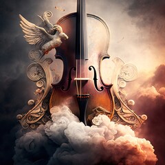 Design concept of a music in heave with a violin with in the clouds, generative ai