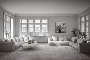 Fototapeta premium Stylish scandinavian living room with design mint sofa, furnitures, mock up poster map, plants and elegant personal accessories. Modern home decor. Bright and sunny room. Generative AI illustration.