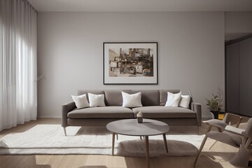 Fototapeta premium Stylish scandinavian living room with design mint sofa, furnitures, mock up poster map, plants and elegant personal accessories. Modern home decor. Bright and sunny room. Generative AI illustration.