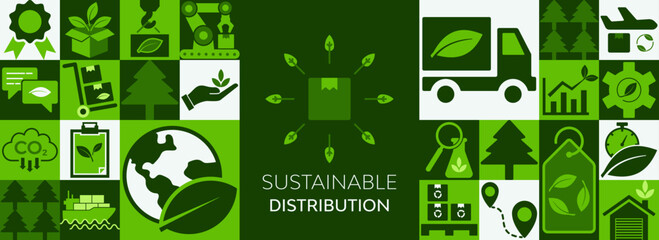 supply network and green logistics vector illustration. Concept with associated icons for eco-friendly transportation, sustainable distribution, and smart methods for import/export of cargo. banner.