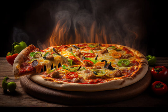 Pizza with salami and tomatoes on wood plate wooden table smoke and fire background, image ai generate